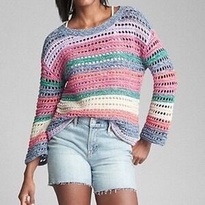 GAP Crocheted Striped Scoop Neck Sweater in Pink, Blue, Green, Cream